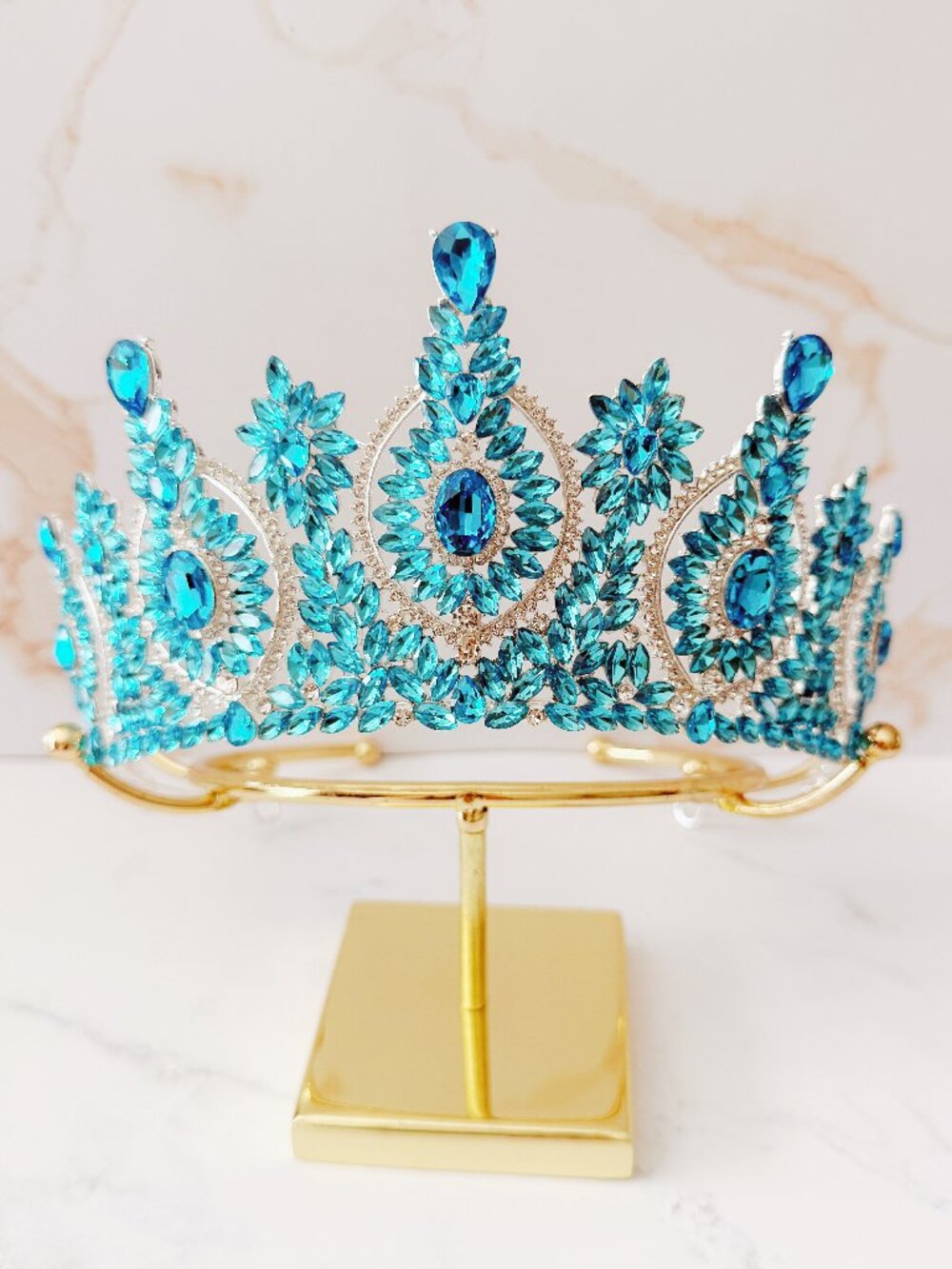 Blue Crystal Crown Silver Tone Rhinestone Tiara Pageant Quinceanera Wedding